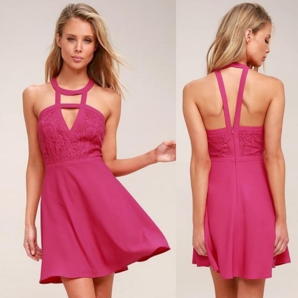 Lulus All My Daydreams Fuschia Lace Skater Dress size XL NEW!!! - Picture 1 of 11